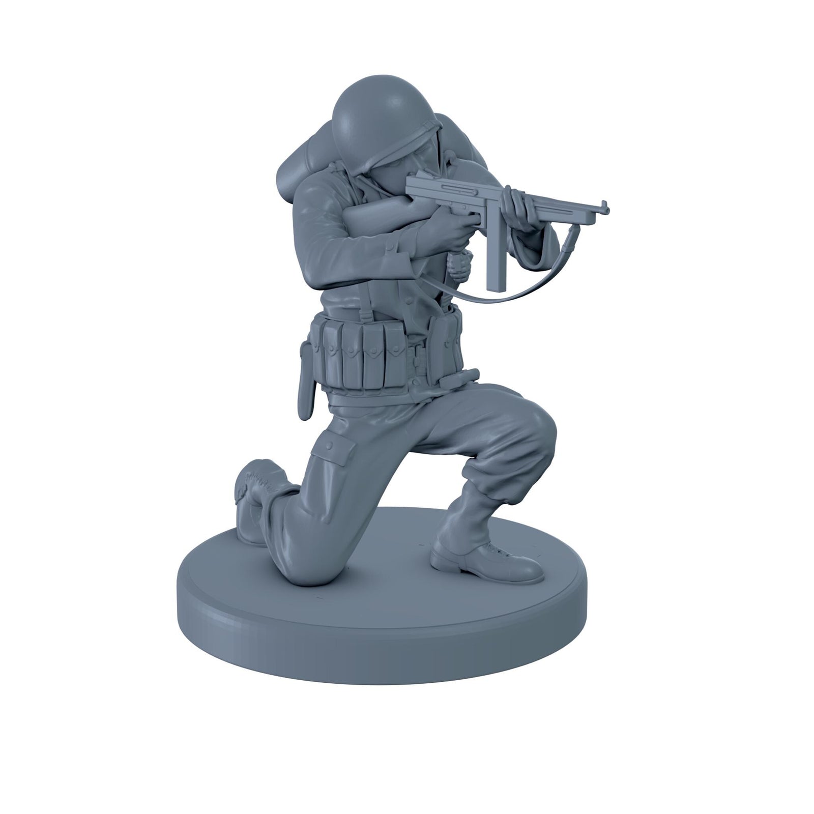 American Soldier Crouched While Aiming with Thompson