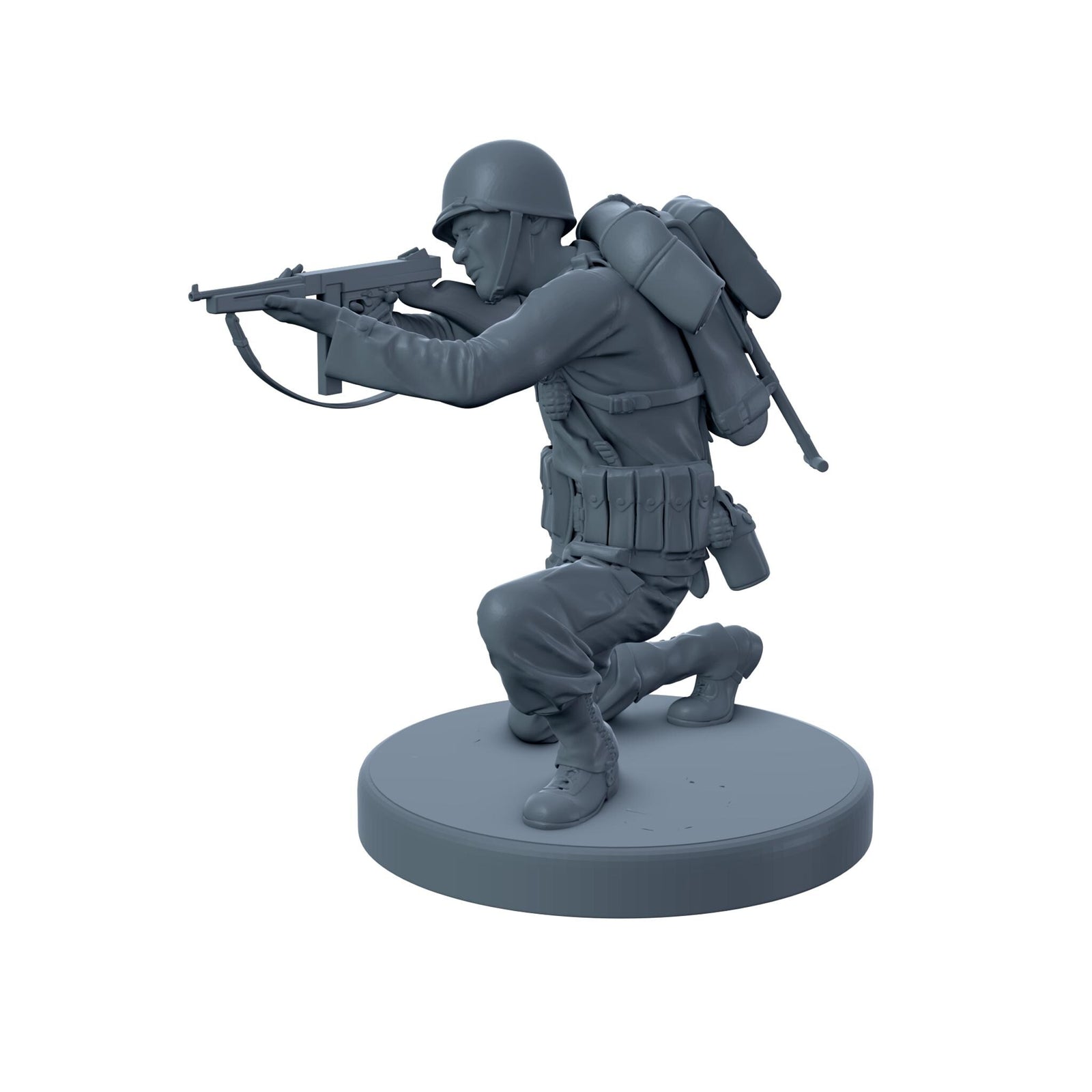 American Soldier Crouched While Aiming with Thompson