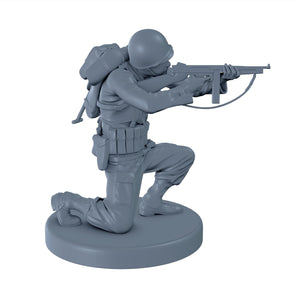 American Soldier Crouched While Aiming with Thompson
