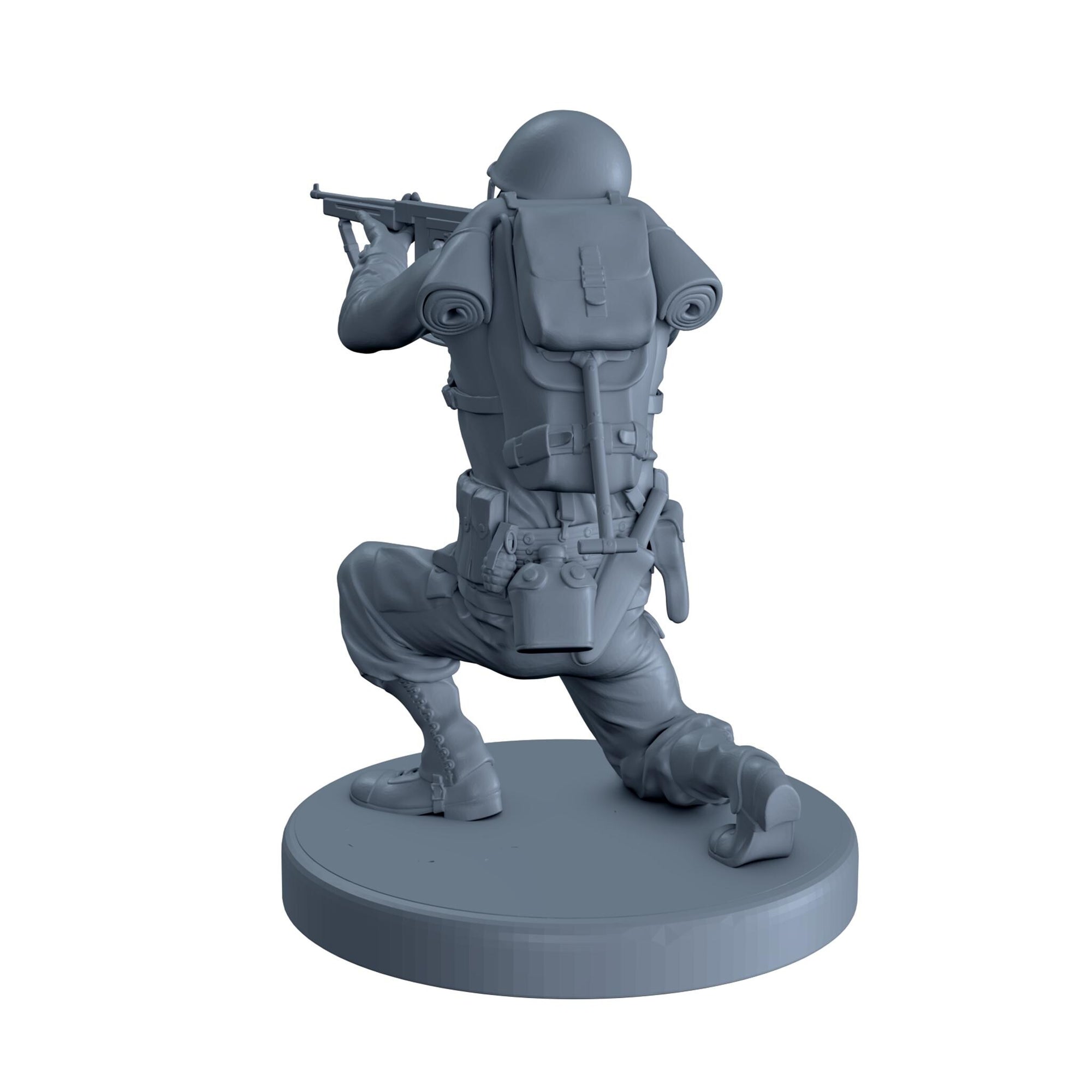 American Soldier Crouched While Aiming with Thompson