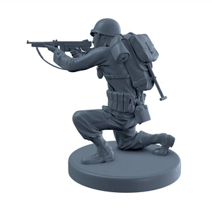 American Soldier Crouched While Aiming with Thompson