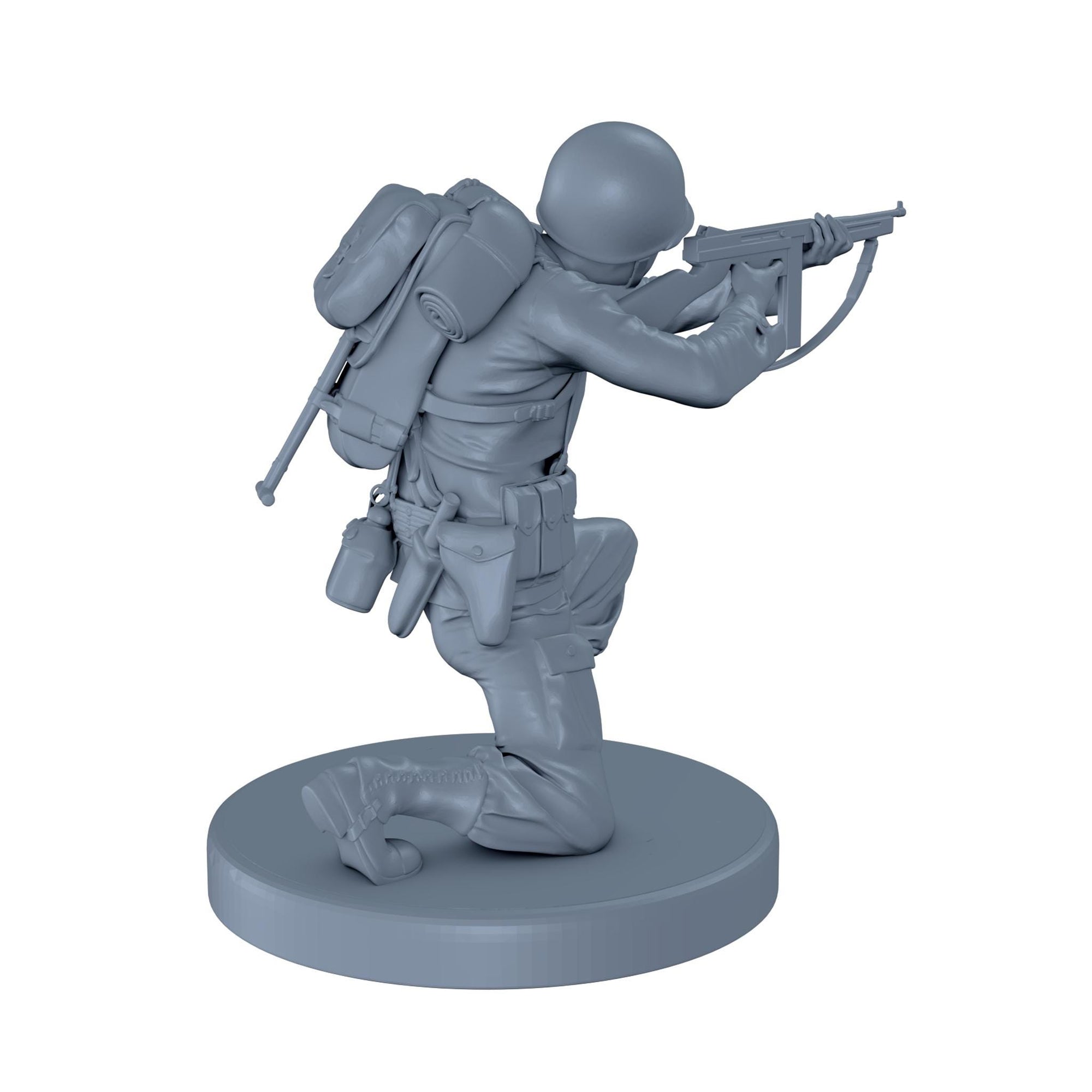 American Soldier Crouched While Aiming with Thompson
