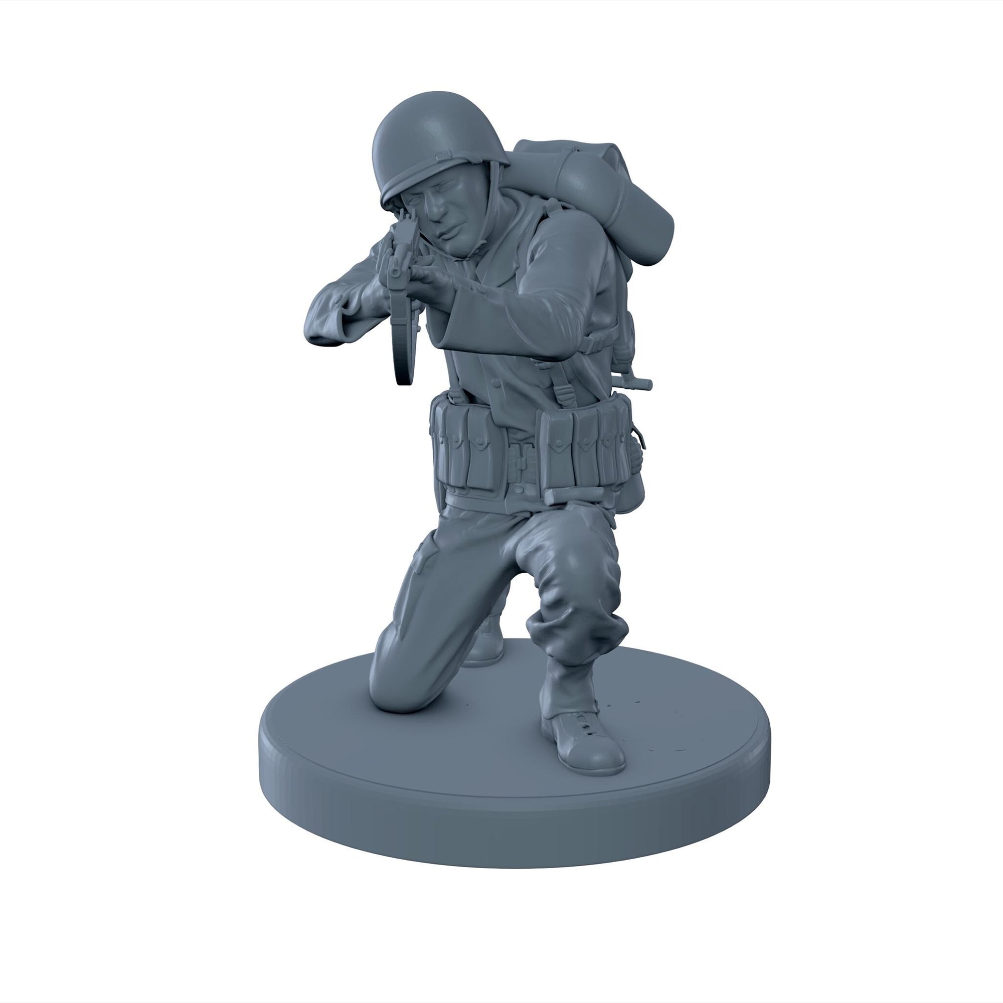 American Soldier Crouched While Aiming with Thompson